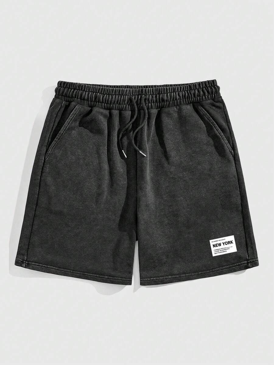 ROMWE MEN Street Life Men's Washed Vintage Drawstring Waist Letter Print Denim Shorts - Black - View 1