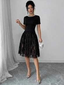 Feyla Women's Faux Pearl Decorated Round Neck Short Sleeve Lace Hem Elegant Modest Short Dress Party Dinner Black Summer - Black - View 3