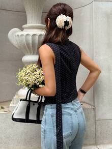 Serisse Women's Polka Dot Pattern Contrast Lace Single-Breasted Vest Shirt Party Black And White Polka Dot Summer 80s Elegant - Black - View 3