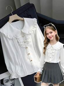 SHEIN 女童白色長袖荷葉領襯衫 - 白色 - 查看 5