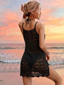 Swim Vcay Swim Chiccia 女款歐美純色海灘度假性感鏤空透視波西米亞風無袖針織罩衫短版吊帶洋裝 夏季新款優雅黑色極簡日常鉤編編織細肩帶海灘罩衫洋裝，女款海灘度假套裝，度假洋裝，適合度假、約會、下午茶、郵輪 - 黑色 - 查看 2