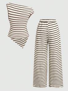 SHEIN Tween女孩2件組休閒黑白條紋抓皺不對稱單肩無袖修身針織上衣與寬腿褲套裝，適合居家、戶外、旅行、休閒日常穿著及上學 - 棕色 - 查看 3