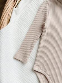 Baby Girl Solid Color Ribbed Texture Long Sleeve Turtleneck Versatile Casual Autumn Bodysuit - Apricot - View 3