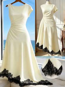 Rometta Damen-Strickkleid in großen Größen für den Sommer, neu, mit weitem Ausschnitt, asymmetrischen kurzen Ärmeln, geraffter Taille, figurschmeichelndem Design, elegant, modisch, sexy und sanft, mit weitem Oberteil, schmalem Saum und Spitzenbesatz, lang, geeignet für Alltag, Lässig, Dates und Treffen - Aprikosenfarben - Übersicht 5