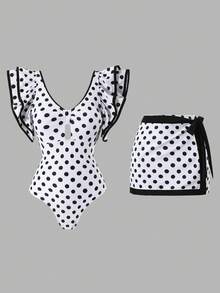 Swim Oasis 1pc Women's Black & White Polka Dot Print Beach One-Piece Swimsuit With Skirt - Black and White - View 1