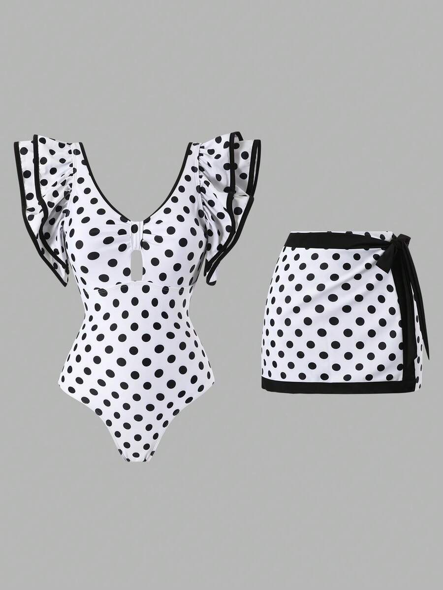 Swim Oasis 1pc Women's Black & White Polka Dot Print Beach One-Piece Swimsuit With Skirt - Black and White - View 1
