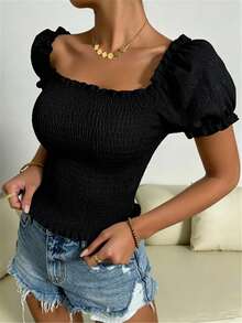 Breezaya Blus Wanita Kasual Musim Panas Warna Polos Lengan Mengembang - Hitam - View 6