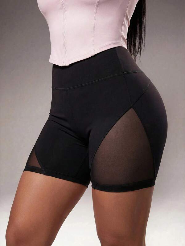 Radiana Women's Black Sexy Mesh Patchwork 4-Inch Athletic Shorts
