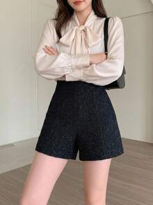 Wynsel 春夏女款高腰純色粗花呢布料黑色直筒休閒短褲 - 黑色 - 查看 6