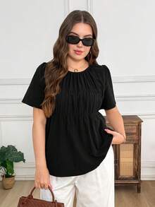 SHEIN LUNE 大尺碼夏季休閒純色短袖襯衫 - 黑色 - 查看 4