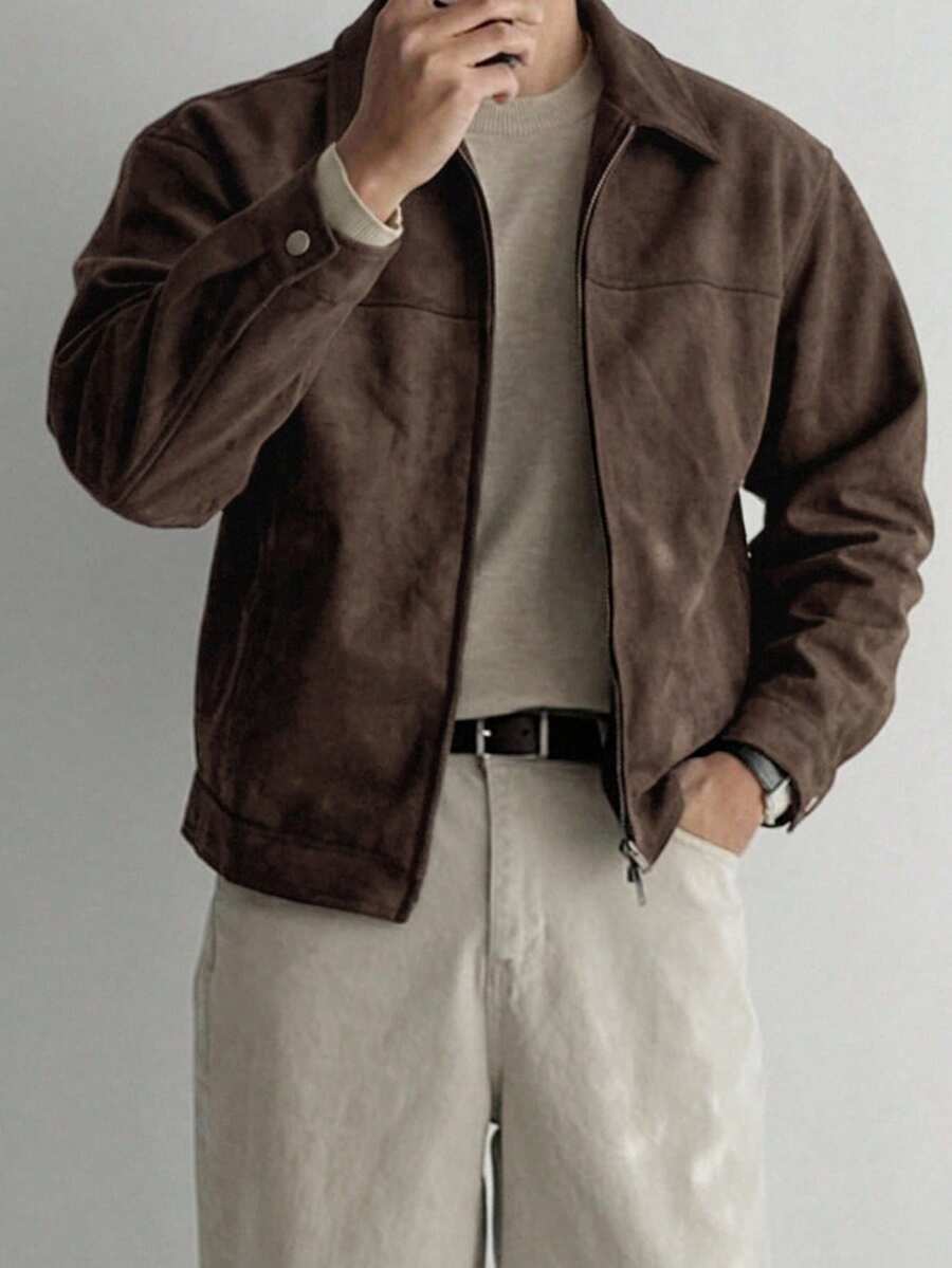 DAZY Autumn Solid Brown Suede Jacket And Coat For Men - Brown - View 1