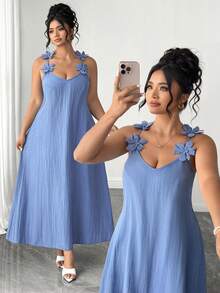 Elenzga Plus Size Women's Elegant Floral Textured Spaghetti Strap Maxi Dress,Blue Summer Tropical Tea Party Holiday, & Flattering Casual Party Gown - Dusty Blue - View 8