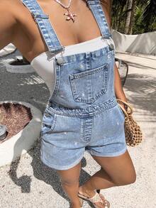 Rivivi Plus Size Women's Daisy Embroidered Pocket Casual Denim Overall Shorts - Blue - View 7