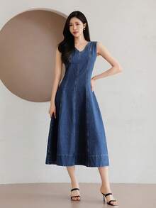 DAZY Women's Slim Fit V-Neck Long Denim Dress, Spring & Summer - Blue - View 4