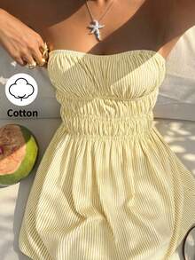 Sunnyshic Vestido mini de algodón con rayas azules, escote bandeau, espalda descubierta, cintura fruncida y corte A para mujer, primavera/verano, paseo por la playa en vacaciones, elegante, lindo, romántico, minimalista para ir al trabajo, compras, citas y uso diario versátil - Amarillo - Ver 1
