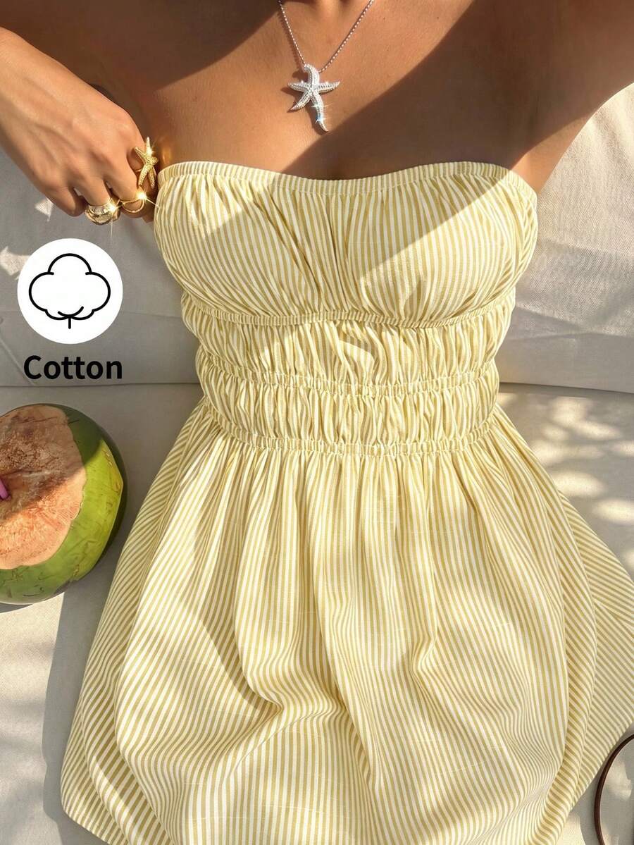 Sunnyshic Vestido mini de algodón con rayas azules, escote bandeau, espalda descubierta, cintura fruncida y corte A para mujer, primavera/verano, paseo por la playa en vacaciones, elegante, lindo, romántico, minimalista para ir al trabajo, compras, citas y uso diario versátil - Amarillo - Ver 1