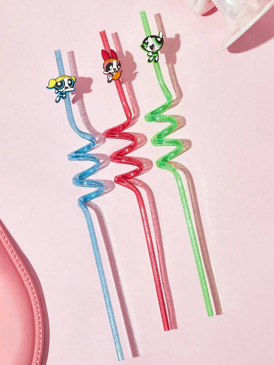THE POWERPUFF GIRLS X SHEIN 1/3 Cute Cartoon Pattern Straw Cover With Straw, Gift Package. - Multicolor - View 1