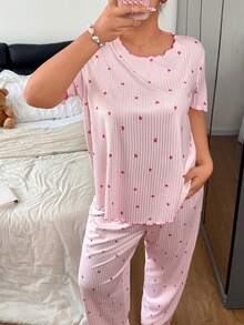 Napfluff CURVE Napfluff CURVE Conjunto de pijama acanalado para mujer talla grande con estampado romántico de corazones - Rosa - Ver 6