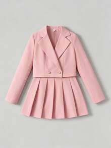 SHEIN Tween Girl Tween Girl Tween Girl Back To School Outfit, Fitted Pink Patchwork Long Sleeve Collared Vintage Preppy Exquisite Jacket Set, Casual Preppy Style - Pink - View 12