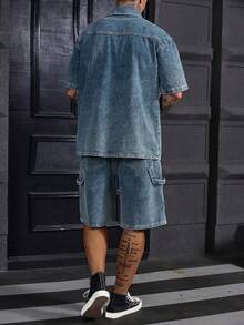 DAZY Blue Washed Denim Short Sleeve Top And Shorts Set For Men - Blue - View 2