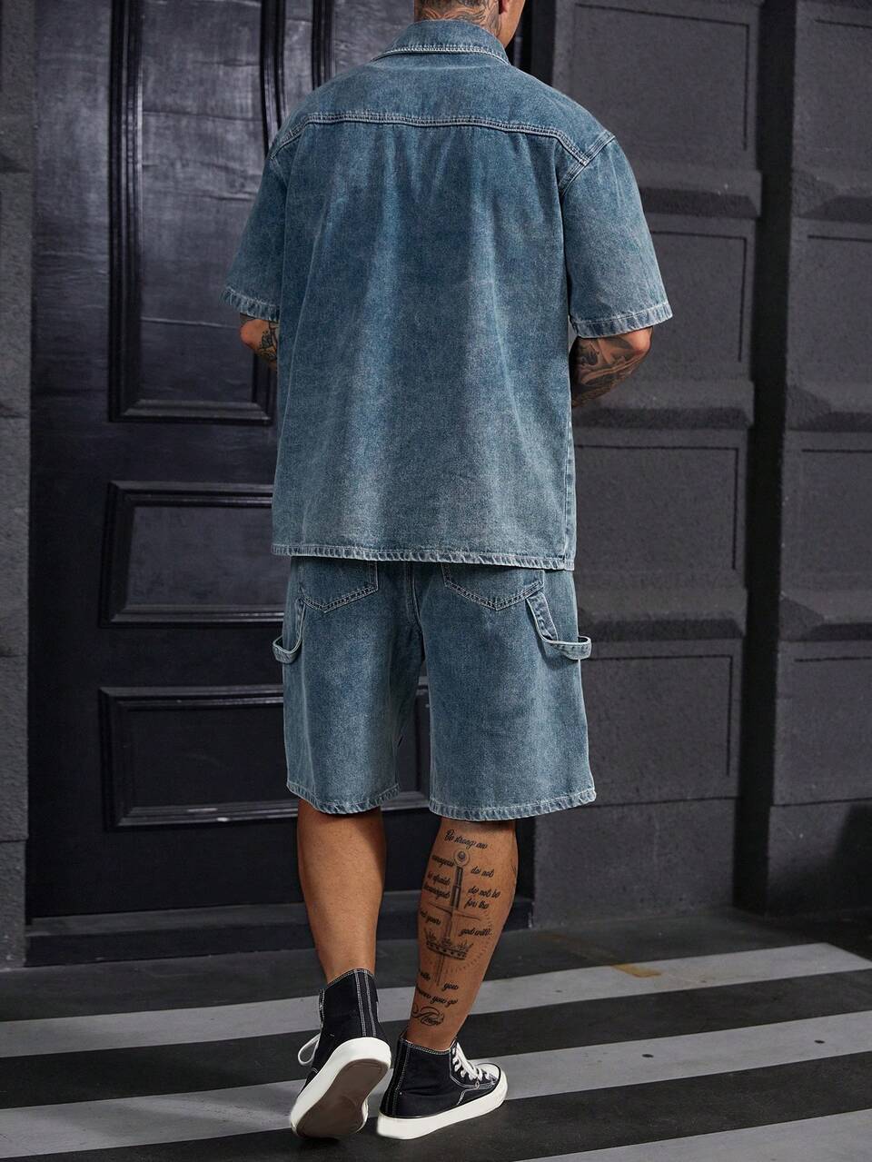 Blue Washed Denim Short Sleeve Top And Shorts Set For Men Summer