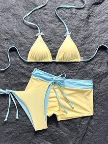 Swim Mod 女款 26SS 春夏新款純色黑白對比 V 領露背三角側綁比基尼泳褲 嘻哈內褲 蝴蝶結裝飾 3 件組比基尼泳衣套裝 適合海灘度假 - 黃色 - 查看 4