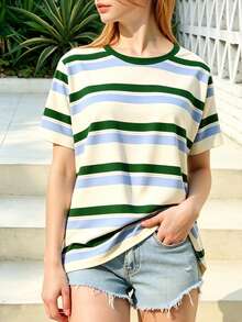 Teen Girl French Vintage Striped Digital Print T-Shirt, Summer New Round Neck Blue Green Color Block Fitted Short Sleeve Top, Versatile For Daily Wear - Multicolor - View 4