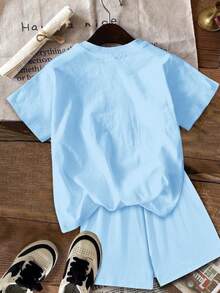 Young Girl Round Neck Letter Cartoon Print Short Sleeve T-Shirt And Shorts Casual Daily Set - Multicolor - View 3