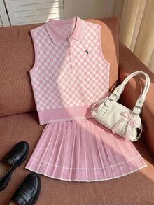 Comfortcana Plus Size Women's Tennis Style Checkerboard Knit Tank Top And Pleated Knit Skirt Set - Pink - View 3