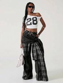 ROMWE J-Fashion 女款復古龐克街頭風拼接 2 合 1 繫帶牛仔褲 - 黑色 - 查看 3