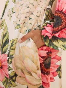LOTSLUV Damen Herbst Hochzeit, Rosa und Weiß Polka Dot Blumen Tropen Allover Muster, V-Ausschnitt Langarm Twist Knoten Kleid, Elegant Romantisch Urlaub - Verschiedenfarbig - Übersicht 8