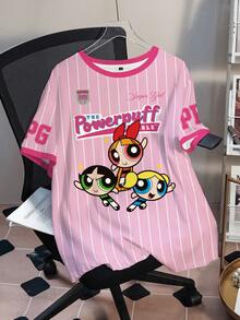 THE POWERPUFF GIRLS X SHEIN 大码女式圆领条纹字母卡通印花休闲百搭日常短袖T恤 - 白色 - 查看 8