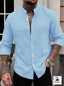 Manfinity Homme Men's Solid Color Long Sleeve Single-Breasted Casual Shirt - Dusty Blue - View 4