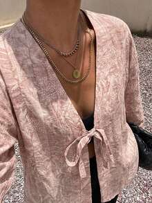 DAZY 女款標準版型寬鬆V領短袖綁帶刺繡布料灰粉色外套，適合通勤、夏秋旅行、波希米亞優雅日常穿搭 - 粉色 - 查看 1
