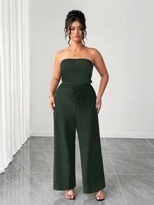 Elenzga Women's Plus Size Strapless Lace-Up Wide Leg Jumpsuit - Army Green - View 3