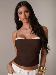 SHEIN BAE Women's Contrast Lace Fitted Sexy Camisole Top Club Night Out Date Night Brown And White Polka Dot Stripe Summer Halloween - Coffee Brown - View 5