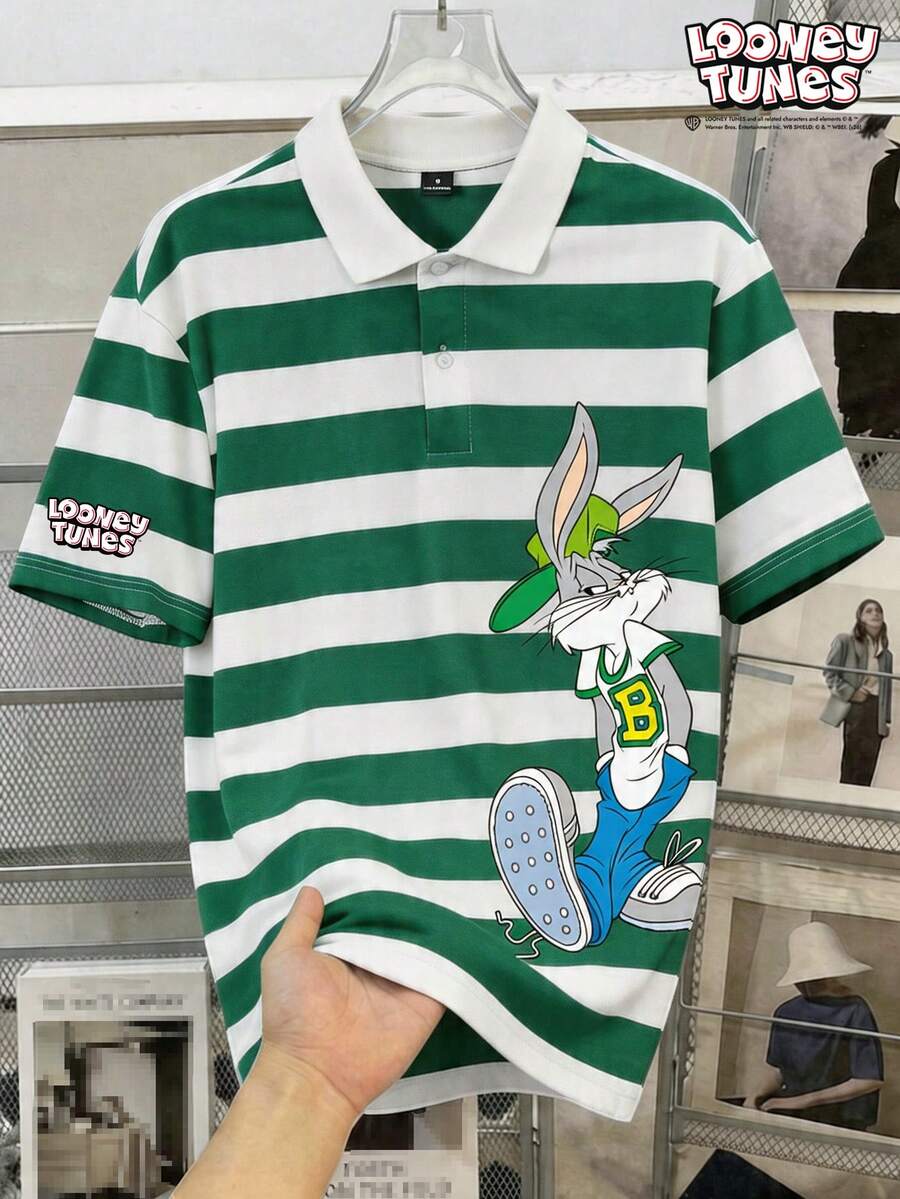 LOONEY TUNES X SHEIN Manfinity Joysei 男士卡通印花绿白条纹Polo衫 - 綠色 - 查看 1