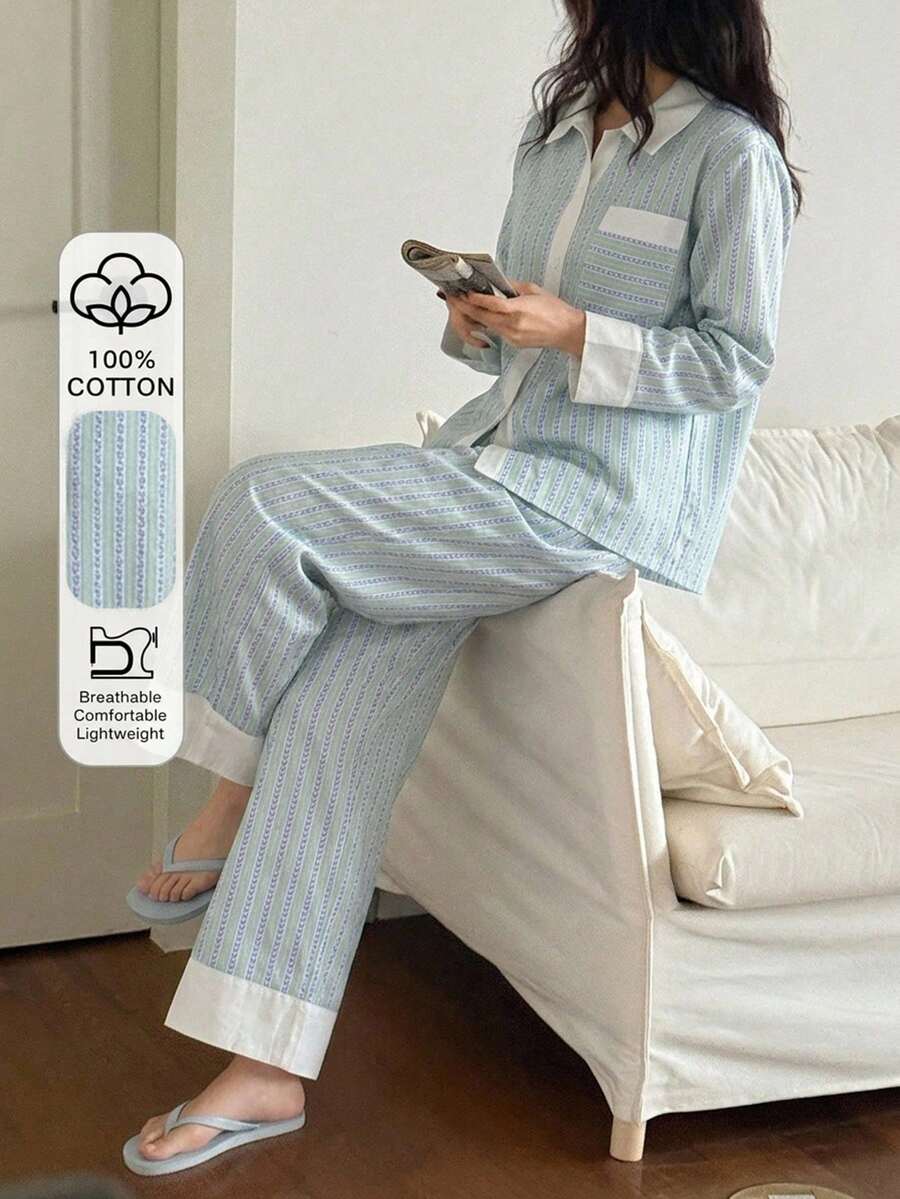 DAZY 2pcs/Set طقم بيجامة نسائية مع قميص من قماش مخطط بتصميم رقع ملونة متباينة - أخضر - مشاهدة 1
