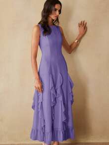 BELROSIE 法式奢華優雅度假約會雪紡露肩收腰直條紋拼接設計荷葉邊裙襬顯瘦長版無袖女裝洋裝 - 紫色 - 查看 4