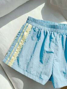 Comfortcana 大尺碼女款彈性腰對比蕾絲寬鬆休閒短褲，夏季女裝 - 淺藍色 - 查看 11