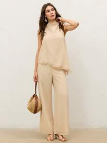 CielaLinda Women's Cowl Neck Chiffon Halter Top Asymmetric Hem Pants Set Brunch Office Tea Party Beige Summer Elegant French - Apricot - View 3