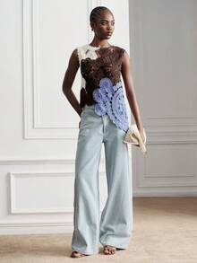 SHEIN Suéter de mujer de tela acrílica con ajuste ceñido, diseño floral de tres colores, hecho a mano con ganchillo, diseño asimétrico calado para uso diario y desplazamientos - Multicolor - Ver 2