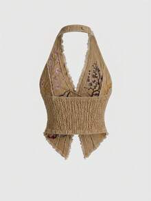 ROMWE 女款復古機車風 J-FASHION 新中式刺繡掛脖性感牛仔上衣 - 卡其色 - 查看 2