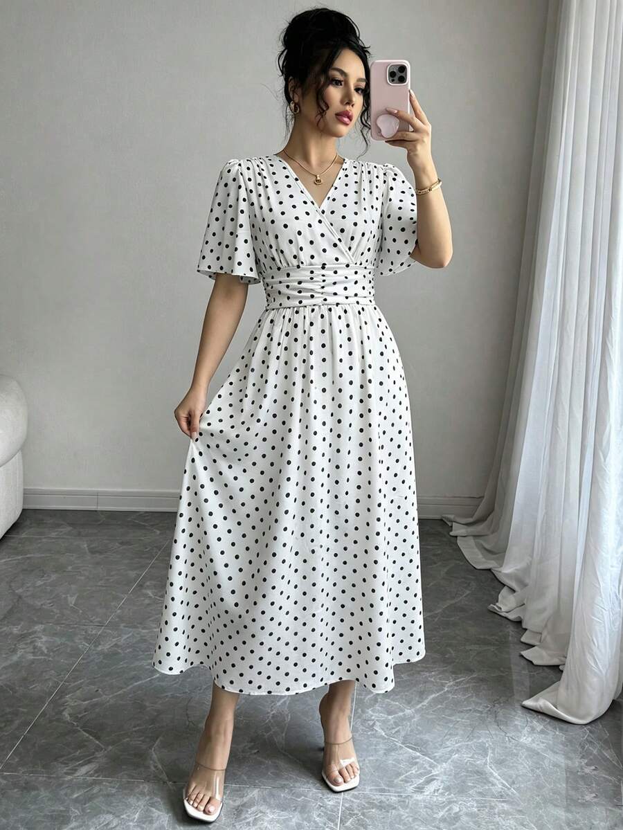 SHEIN LUNE 女款優雅復古交叉設計圓點短袖洋裝,適合度假穿著 - 白色 - 查看 1
