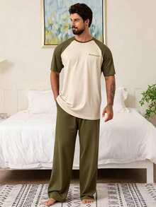 DAZY Conjunto de ropa de estar en casa con mangas raglán y color contrastante para hombres, pijamas de primavera/verano - Verde militar - Ver 3