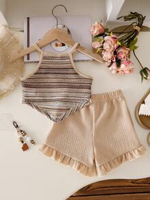SHEIN Summer New Vacation Casual Cute Girls' Camisole V-Neck Crochet Striped Beach Fabric Cute Crochet Flower White Round Woven Strap Top With Matching Textured Ruffle Shorts Set - Coffee Brown - View 3