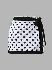 Swim Oasis 1pc Women's Black & White Polka Dot Print Beach One-Piece Swimsuit With Skirt - Black and White - View 6