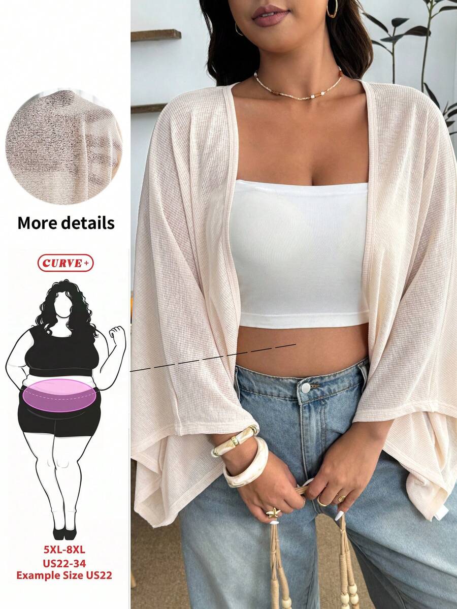 SHEIN CURVE+ Plus Size Women's White Cardigan Shawl, Suitable For Vacation, Daily Wear And Summer Beachwear, Women's Lightweight Cardigan, Women's Short Shawl, Women's Kimono Top Plus Size Shawl - Apricot - View 1