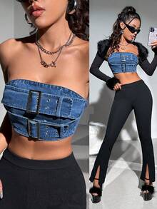 SHEIN ICON Women's Casual Strapless Denim Mini Top With Tight Fit, Button Closure - Blue - View 1