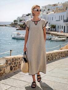 Faunlyn Women's Piped Keyhole Neckline Ruffle Sleeve Midi Dress Vacation Summer Casual French Everyday Going Out Holiday Outfits Black And Silver - Khaki - View 6
